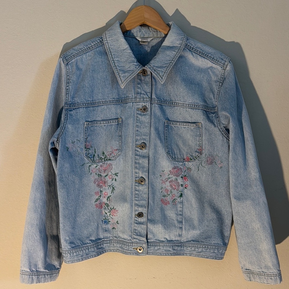 Christopher & Banks Women’s Light Blue Denim Jacket with Painted Floral
